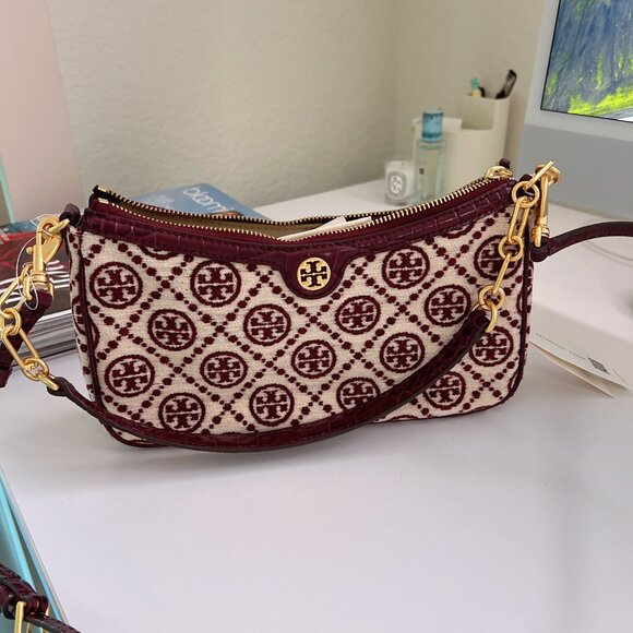 tory burch monogram chenille studio shoulder crossbody bag 86553 claret - Picture 6 of 6